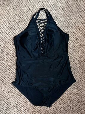 Black One-Piece Lace-Up Halter Swimsuit